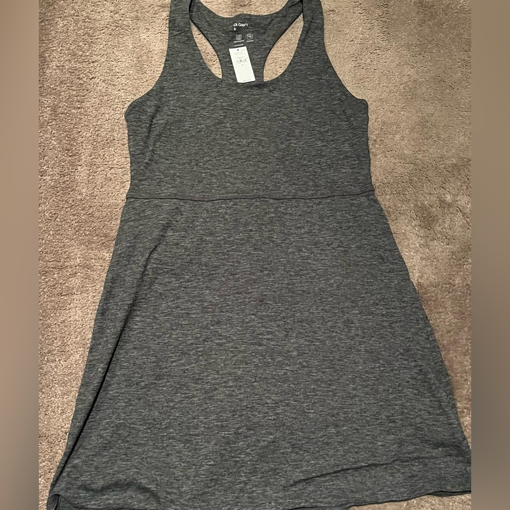 GapFit, Small, racer back dress with built-in bike shorts. Heather grey.